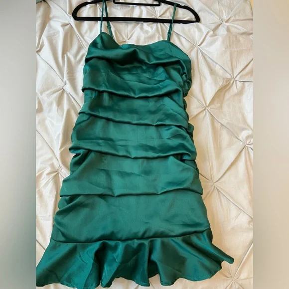 emerald green dress inspiration Tivoli Embellished Cowl-Neck Draped Mini Dress in Emerald Green main image 0